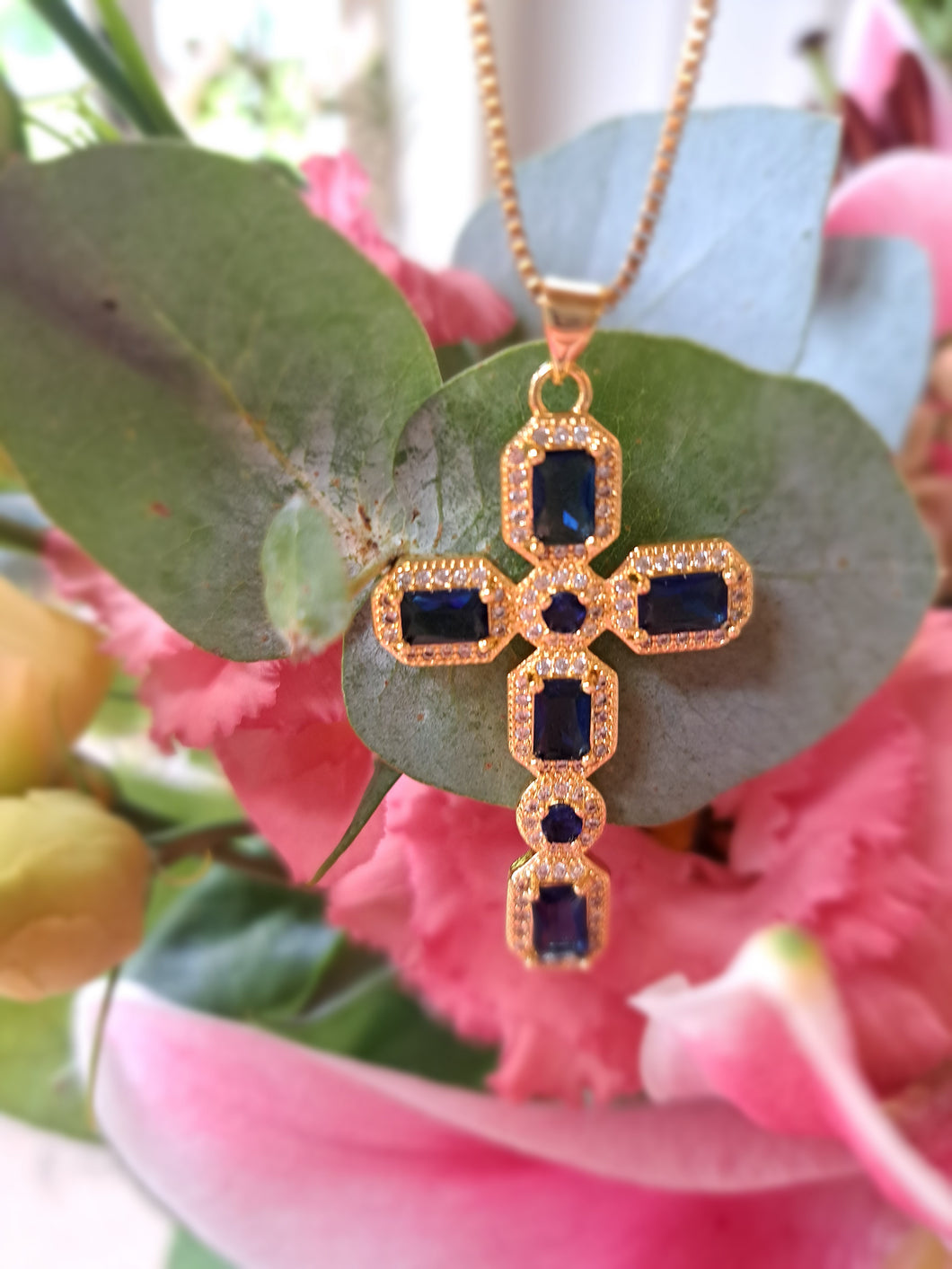 Navy & Gold Crystal Cross Necklace