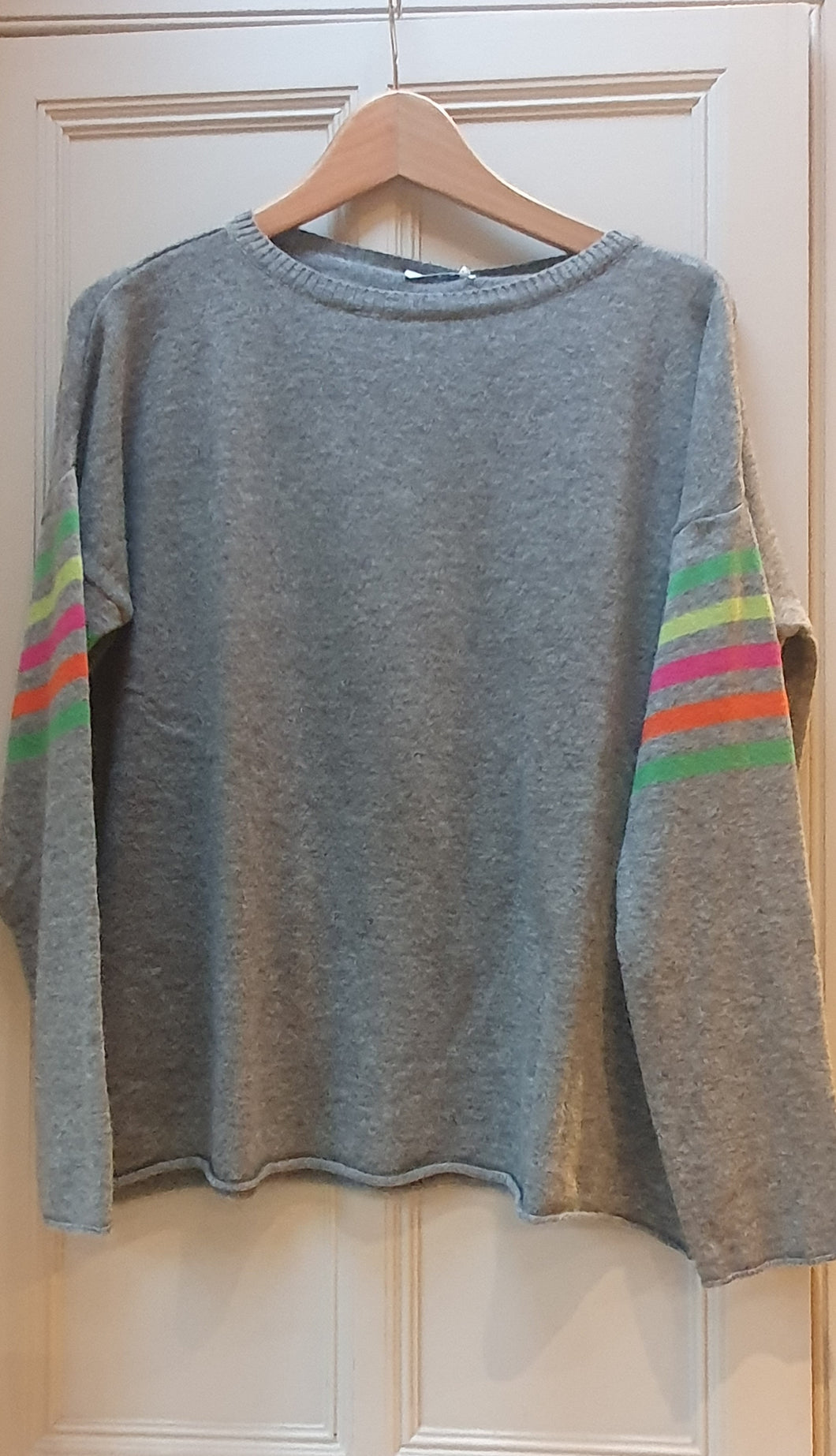Grey Cashmere Blend Jumper With Neon Bright Stripes