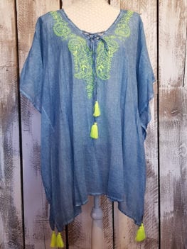 Cotton Blue Kaftan with Neon Yellow Embroidery