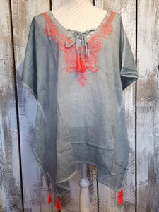 Cotton Grey Kaftan with Neon Orange Embroidery