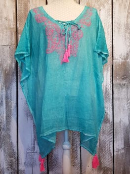 Cotton Turquoise Kaftan with Neon Pink Embroidery