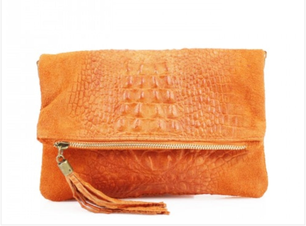 Snakeskin Detail Leather Clutch Bag