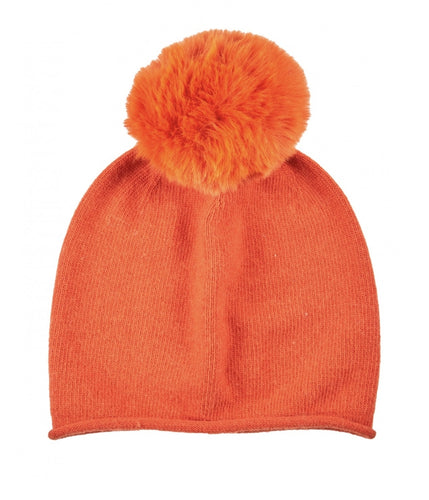 Orange Beanie Hat with Large Pompom