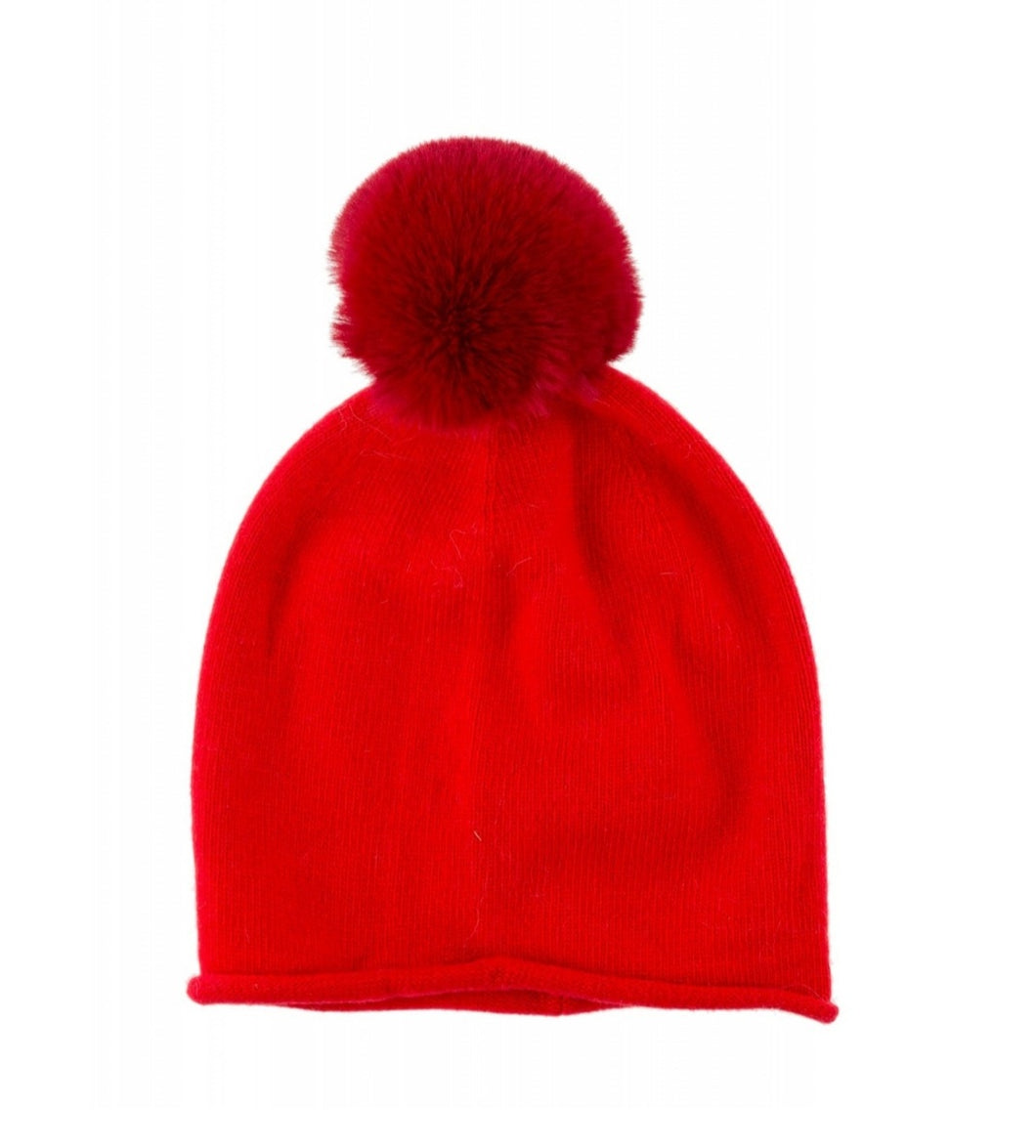 Red Beanie Hat with Large Pompom
