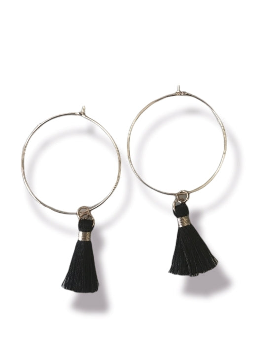 Rose Gold Hoops with Black Tassels