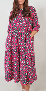 Pink Leopard Print Tiered Dress