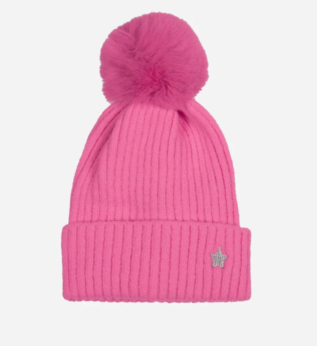 Pink Knitted Faux Fur Pom Pom Hat with Silver Star