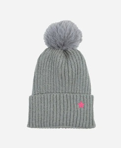 Grey knitted faux fur pom pom hat with Pink star motiff