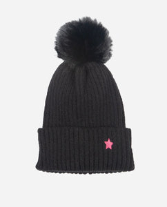 Black Knitted Faux Fur Pom Pom Hat with Pink Star