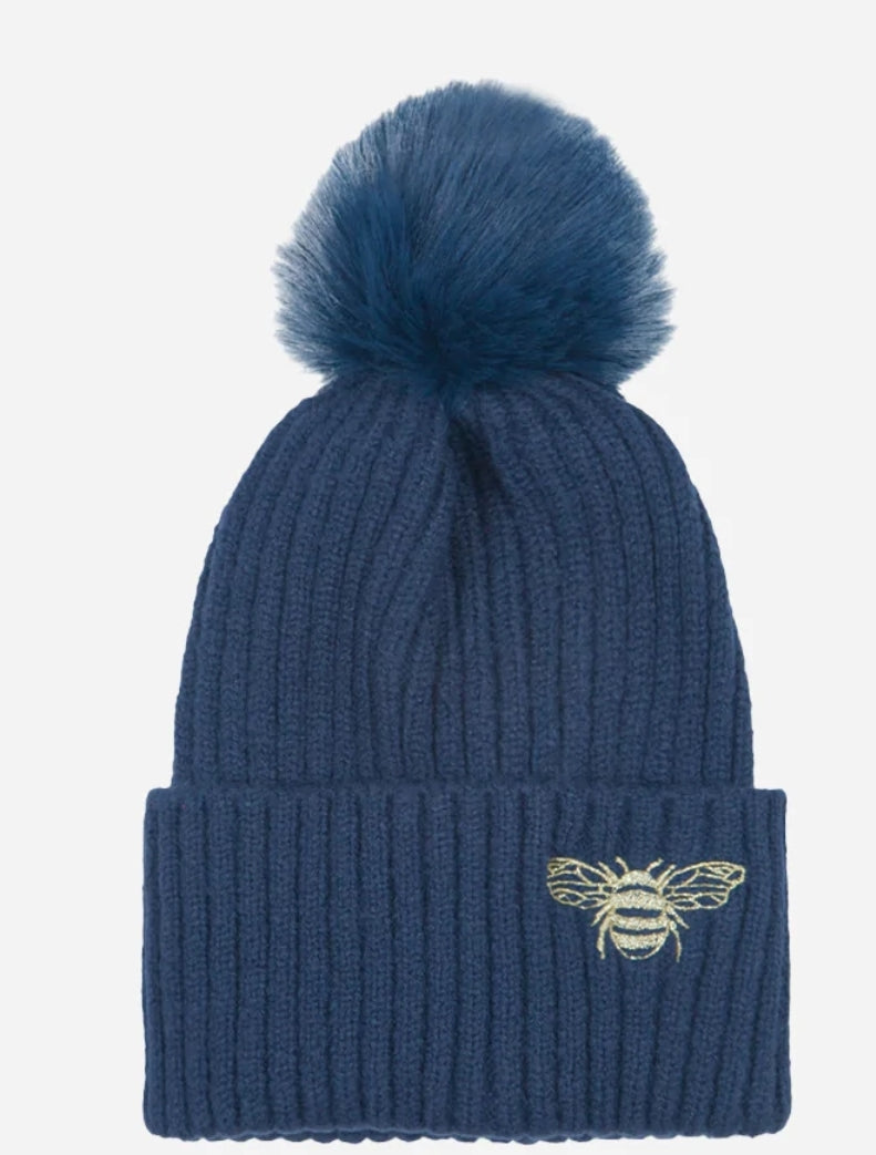 Navy Blue Knitted Faux Fur Pom Pom Hat with Gold Bee Detail