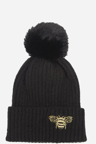Black Knitted Faux Fur Pom Pom Hat with Gold Bee Detail